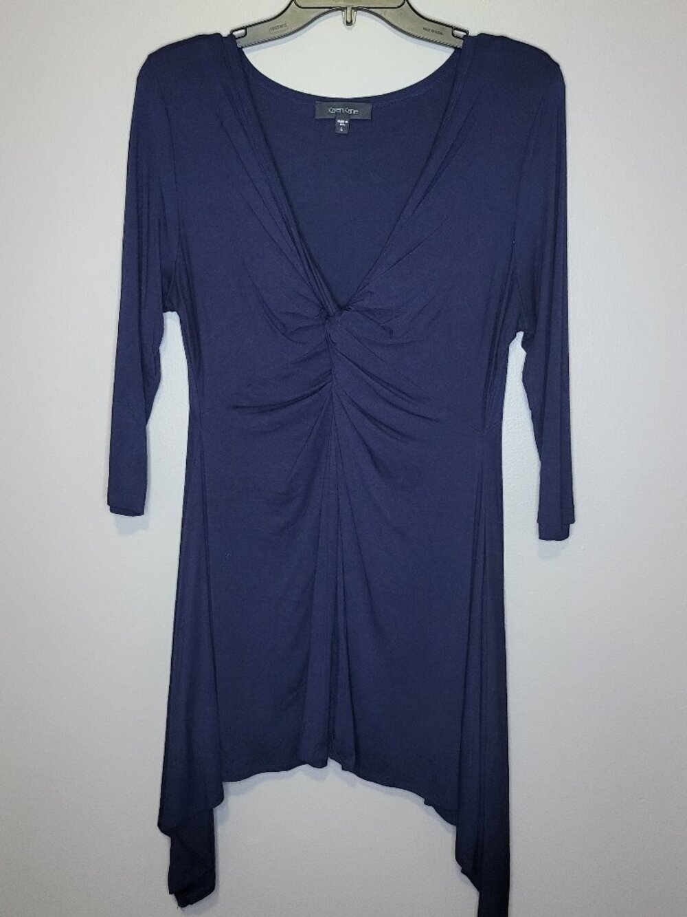Karen Kane Navy Blue Twist Front Tunic Top Large Asymmetrical Hem 3/4 Sleeve